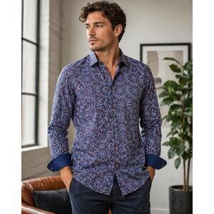 Spazio Italian Designer Shirt M Firework Print Button Up Long Sleeve Flip Cuff